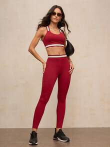 Activina 女式松紧腰抽绳口袋短款紧身裤 - 酒紅色 - 查看 2