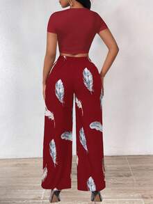 INAWLY 2pcs/Set Women Solid Color Round Neck Crop Top & Feather Print Pants Casual Outfit - Burgundy - View 2