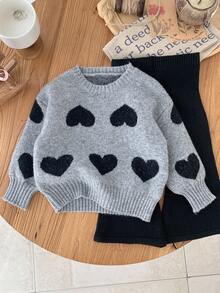 SHEIN LMoss Kids Komplet sweterek z okrągłym dekoltem i wzorem w serca dla dziewczynki oraz dzianinowe spodnie - Szary - Zobacz 5