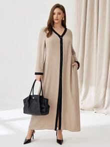 Auralis Vestido de señora talla grande, vestido con textura de color, vestido de manga larga, vestido largo de señora, vestido con 2 bolsillos, vestido de otoño para señora, vestido de otoño talla grande, vestido color caqui, vestido color albaricoque