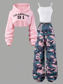 Sparklyn 3 件套迷彩图案运动衫上衣、吊带背心和抽绳下摆休闲裤套装，适合少女春秋季日常穿着