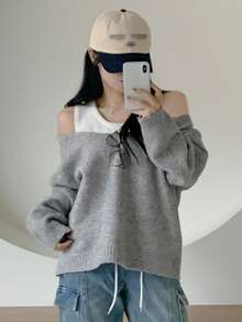 DAZY 2pcs Slouchy Solid Color Layered Retro Vibe Open Shoulder Sweater Vest Set Fall