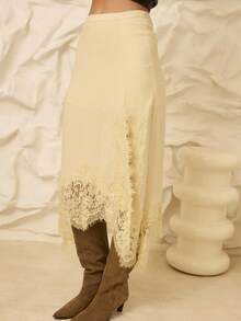 Aralina 秋冬缎面外出半身裙，镂空蕾丝边饰，可爱又时尚，适合圣诞节、假期、感恩节、情人节等各种场合。 - 黃色 - 查看 4