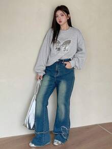 Dazy Plus Felpa oversize con fiocco e stampa a paillettes, con fodera termica, vestibilità morbida, collo a giro, maniche lunghe, colore grigio, taglia grande, adatta per l'autunno/inverno - Grigio - Visualizzare 8