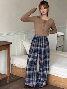 DAZY Teen Girl Loose Comfortable Plaid Straight Leg Pants, Casual Home Wear, Autumn - Navy Blue - View 5