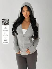 SHEIN MOOSTA 修身连帽运动衫，带口袋，长袖运动衫，春/秋/冬 - 淺灰色 - 查看 1