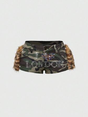 J-Fashion Y2K Kpop Baddie Patchwork Camo, Star, Rhinestone Decor Super Low Waist Denim Shorts