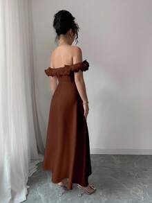 Elenzga 新款秋季优雅法式 3D 花卉露肩 A 字裙，适合宴会、返校、教师装、万圣节、感恩节 - 鏽棕色 - 查看 2