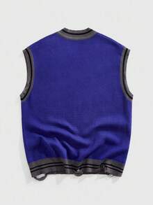 ROMWE MEN Anime Men's Casual V-Neck Jacquard Knit Sweater Vest, Fall Winter - Royal Blue - View 2