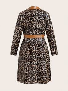 Ellevyn Abrigo para mujer talla grande, elegante abrigo de cuero sintético con estampado de leopardo y cuello de color contrastante, abrigo midi con cinturón para otoño e invierno para mujeres - Multicolor - Ver 8