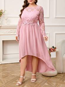 Ellevyn Blush Pink,Autumn,Elegant,Formal,Wedding Ninang Plus Size Lace-Trimmed A-Line Dress,High Low Hem Retro Party Gown For Women's Clothing - Pink - View 10