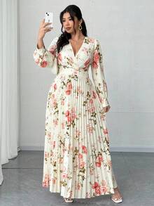 SHEIN Clasi 大码女式春夏度假、优雅浪漫派对、婚礼宾客碎花长袖V领褶皱飘逸长裙 - 彩色 - 查看 6