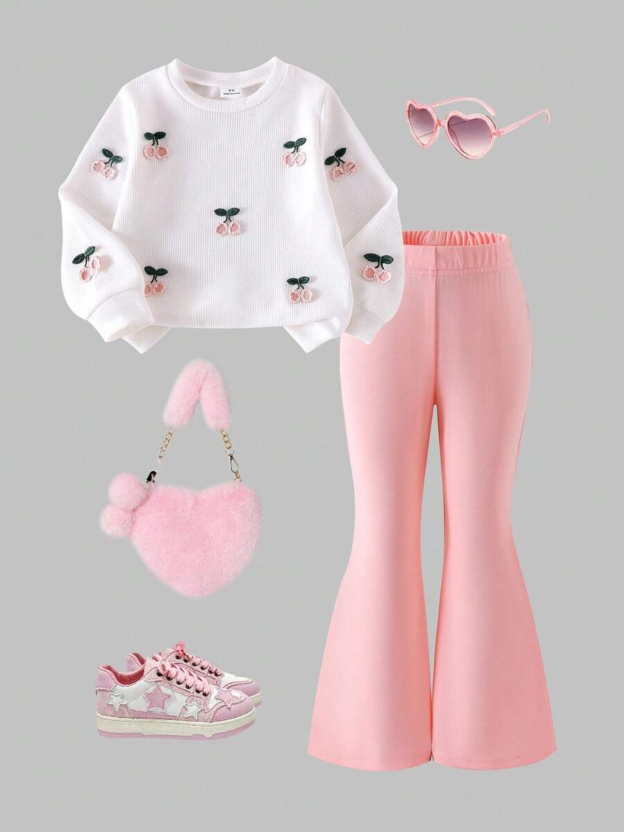 Conjunto de 2 peças para meninas, composto por calça flare vermelha de manga comprida com textura listrada em tricô e camiseta com estampa de cereja. Roupa casual e confortável, perfeita para o outono/inverno. - Branco - Ver 1