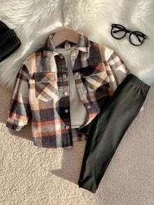 2 Stück Baby Mädchen Retro Karomuster Flanell Hemd Jacke mit Kragen und Knöpfen & Dicke Hose mit elastischem Bund, geeignet für den Winter