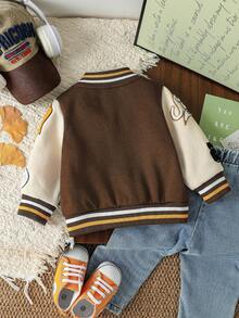 SHEIN Baby Boy Letter Badge Casual Baseball Jacket, Cool Street Style, Suitable For Daily Outings, College, Matching, Party Varsity Infant Autumn Brown - Brown - View 2