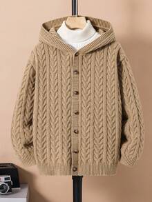 SHEIN 一件装青少年男童休闲运动学院风复古连帽针织开衫，扭结设计，适合儿童返校，也适合生日派对、晚宴、演出、婚礼、洗礼、开幕式等场合，日常穿着舒适，适合上学、旅行、运动，也适合秋冬季节。 - 卡其色 - 查看 6