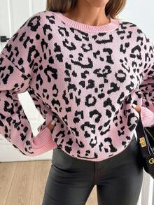 SHEIN Tall Tall Women Casual And Cute Pink Leopard Pattern Drop Shoulder Soft Touch Autumn Winter Sweater