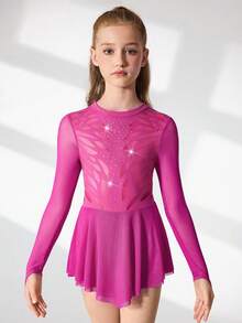 SHEIN 青少年女孩花样滑冰服装，紫红色闪亮水钻装饰优雅舒适合身网眼裙紧身衣，适合比赛和训练 - 紫色 - 查看 3