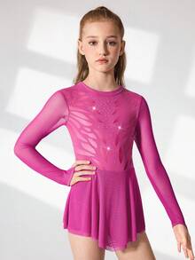 SHEIN 青少年女孩花样滑冰服装，紫红色闪亮水钻装饰优雅舒适合身网眼裙紧身衣，适合比赛和训练 - 紫色 - 查看 5