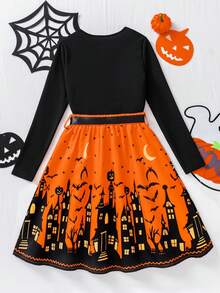 女士时尚万圣节秋冬荷叶边领长袖短款上衣搭配松紧腰万圣节主题骷髅、城堡、星星和月亮印花宽松下摆裙子，2 件套 - 黑色 - 查看 2