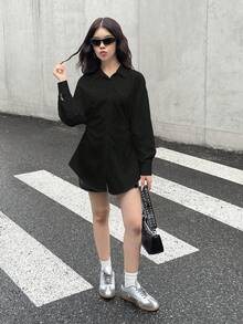 SHEIN Elegante blusa con maniche lunghe e vita arricciata per ragazze adolescenti, abbigliamento casual da vacanza - nero - Visualizzare 3