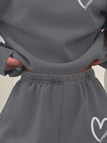 SHEIN Leap Crew Simple Heart Pattern Teen Girls Casual Loose Fit Crew Neck Long Sleeve Sweatshirt And Pants Thick 2-Piece Set, Suitable For Autumn/Winter Fall - Dark Grey - View 3