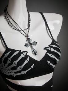 SHEIN ICON Women's Halloween Skeleton Hand Reflective Chest Print Bodycon Camisole Sexy Hollow Out,Black Tops - Black - View 8