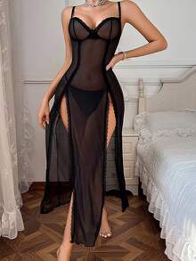 SHEIN 2件套女士性感蕾丝睡裙 - 黑色 - 查看 5