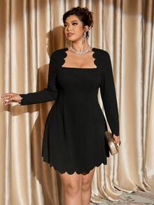 Cravure Christmas Plus Size Shell Trim Square Neck Elegant Mini Dress - Black - View 6