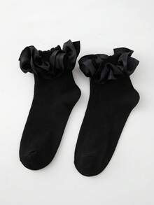 ROMWE Kawaii 2 - Pair Ruffled Ankle Socks Set: Silver & Black Frills - White, black - View 4