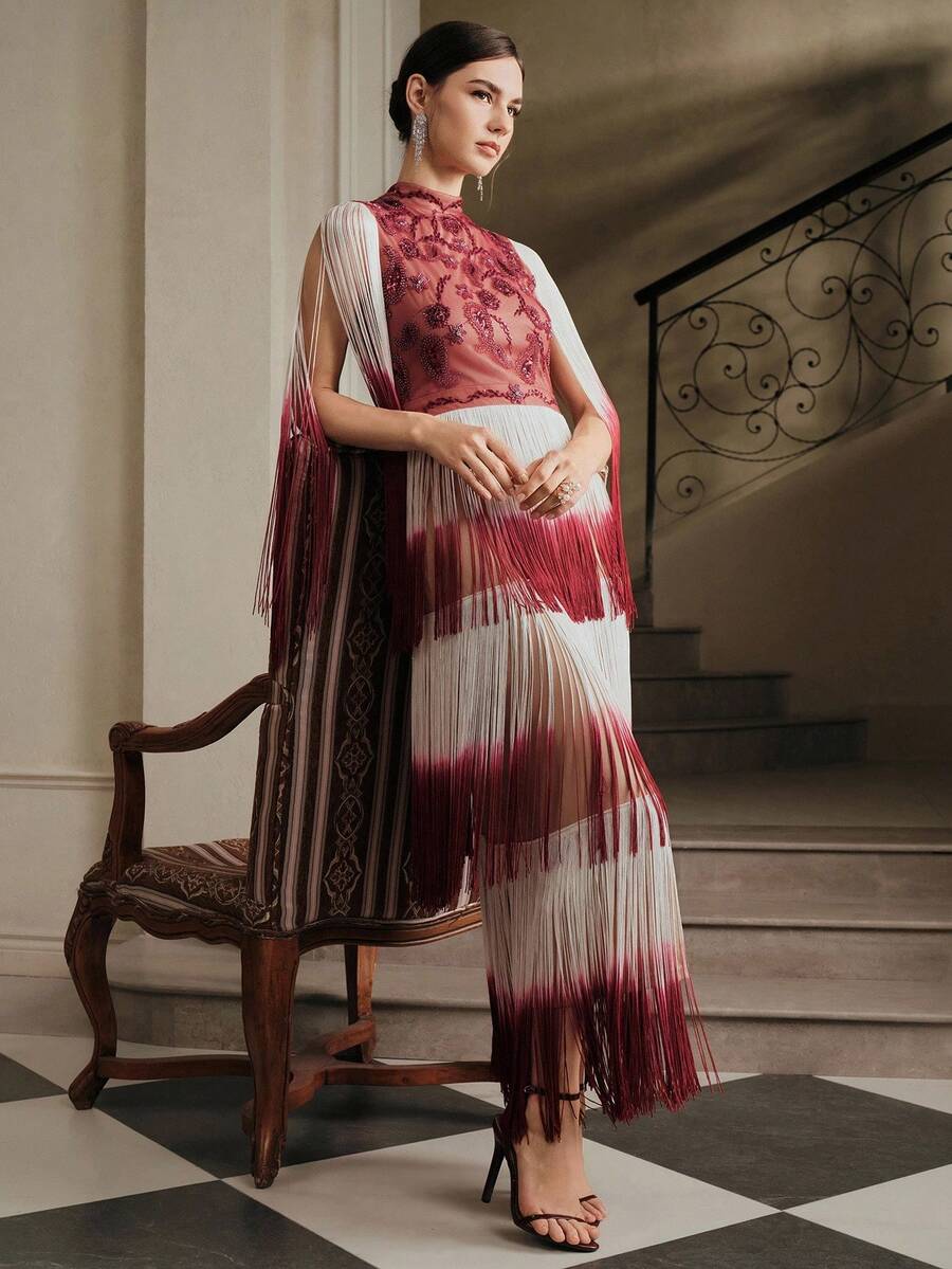 Anewsta Váy dạ hội tua rua đính hạt cao cấp phong cách Bohemian bán chạy nhất dành cho nữ, phù hợp cho mùa thu, đông, năm mới, tiệc tùng, đám cưới, thanh lịch, sang trọng, màu đỏ, hợp thời trang - Màu Đỏ Sâu - Xem 1