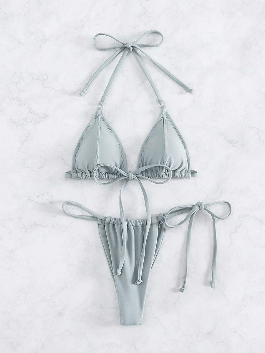 Swim Basics Summer Beach Knot Detail Halter Triangle Bikini Set - Light Grey - View 1