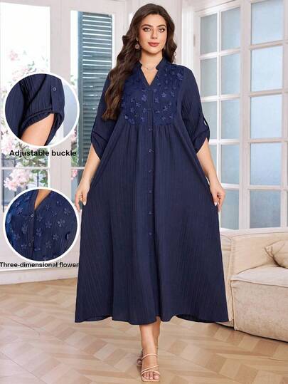 SHEIN Najma 女士休闲百搭纹理面料拼布网眼花卉装饰长裙，优雅大码，适合春秋季节