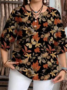 EMERY ROSE 秋季枫叶乡村度假风格休闲花卉印花纽扣前宽松大码女式衬衫，适合春秋季时尚 - 彩色 - 查看 5