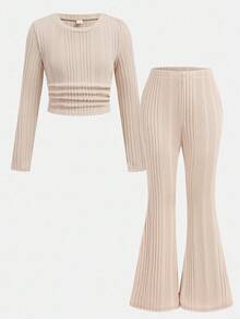 SHEIN 青少年女孩休闲圆领褶皱腰上衣和喇叭裤，舒适家居服 - 杏色 - 查看 2