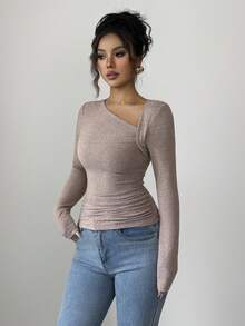 Elenzga Elegant Romantic Asymmetric Ruffle Shoulder Long Sleeve T-Shirt, Suitable For Vacation And Commute