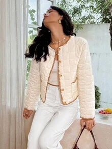 SHEIN Frenchy Casaco Longo de Manga Comprida com Bolso Frontal, Recorte Contrastante e Acolchoado para Mulheres