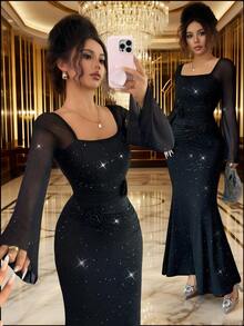 Elenzga 女式网眼拼布亮片粉腰修身正式黑色中长连衣裙，优雅适合日常、派对和约会场合，适合女性秋季穿着 - 黑色 - 查看 7