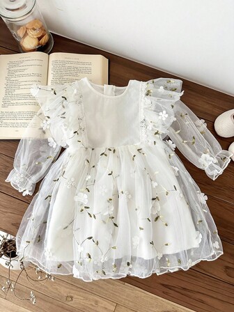 SHEIN 1 件女孩优雅刺绣花卉网眼连衣裙，长袖梦幻派对礼服，适合婚礼、表演、所有季节