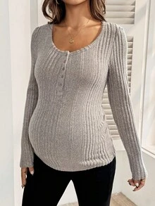 Áo dệt kim cài nút vừa vặn cho bà bầu - Màu Khaki - Xem 3