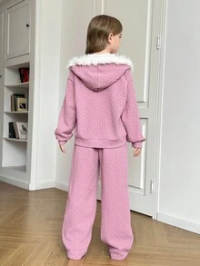 SHEIN 青少年女孩泰迪羊毛提花连帽拉链夹克和宽松长裤两件套 - 卡其色 - 查看 2