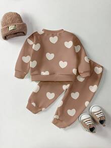 1 Set Baby Girls Casual Cute Fashion Heart Print Crew Neck Sweatshirt And Sweatpants Set, Autumn Fall Winter - Multicolor - View 3