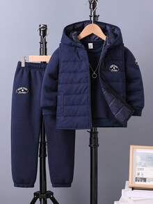 SHEIN 3pcs/Set Young Boy Cotton Padded Vest + Fleece Sweatshirt Fall Winter - Navy Blue - View 7