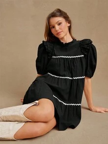 WESTFADE Contrast Trim Mock Neck Ruffle Short Sleeve Tiered 100% Textured Cotton Mini Dress Cute Fall Clothes, Casual Cowgirl, Fall, Autumn, Boho, Winter, Country Concert Outfit, Western Wear For Women - Black - View 4