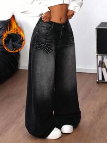 SHEIN ICON 女式褪色简约休闲牛仔裤 - 黑色 - 查看 6