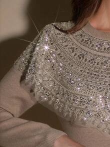Anewsta Elegant Women's Beaded Collar Floral Embellished Sweater - Khaki - View 1