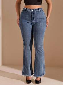 SHEIN BAE Quần Jeans Ống Loe Đơn Giản Cài Nút Phía Trước Cỡ Lớn, Mặc Thường Ngày - Rửa tối - Xem 7