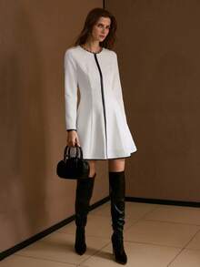 MOTF PREMIUM CONTRAST TRIM ZIPPER DRESS - White - View 6