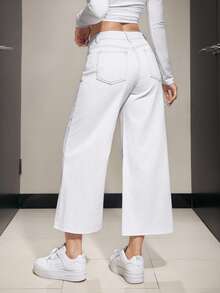 SHEIN PETITE Women's Pocketed Wide Leg Loose Casual 7/8 Length Jeans - White - View 2