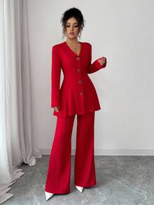 Elenzga بدلة نسائية أنيقة رومانسية، تشمل جاكيت بياقة وأكمام طويلة وخصر ضيق بتصميم A-line وبنطال ساق مستقيمة